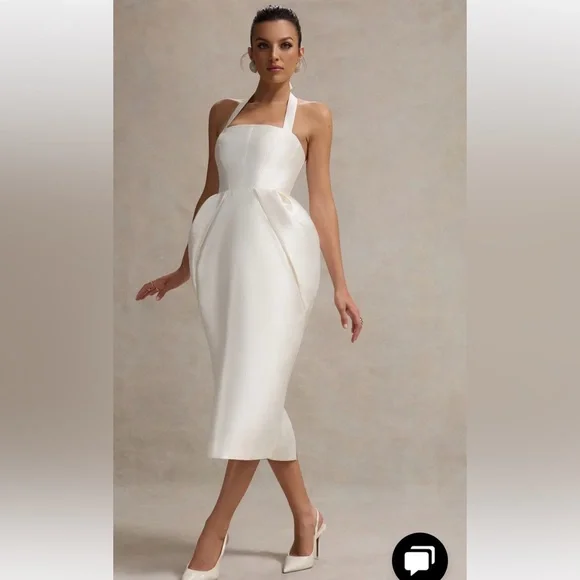 Club L London COSETTA
WHITE HALTER-NECK MIDI DRESS WITH TULIP SKIRT - Picture 5 of 10